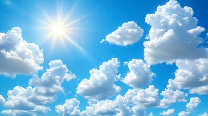 Wall Mural - Blue sky background with fluffy white clouds in soft focus, offering a peaceful setting with abundant copy space for your message, perfect for a clean, fresh design.