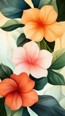 Wall Mural - A vibrant illustration featuring three colorful flowers-orange, pink, and red-surrounded by lush green leaves against a soft background.