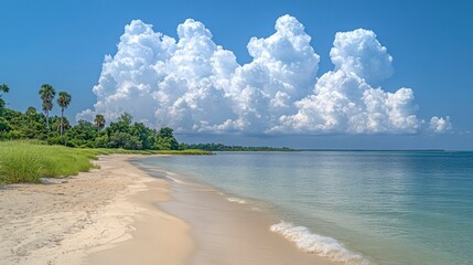 Wall Mural - A peaceful blue sky with soft, blurred white clouds, creating a serene atmosphere with ample copy space, ideal for adding text or creative elements in a calm and welcoming layout.
