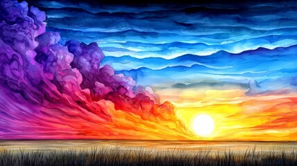 Sticker - A vibrant sunset paints the sky with rich hues of orange, purple, and blue, reflecting on a serene landscape with soft grass.