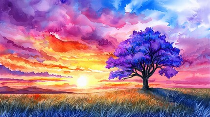 Sticker - A vibrant sunset landscape featuring a purple tree against a colorful sky, blending hues of orange, pink, and blue.