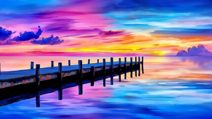 Wall Mural - A vibrant sunset over calm waters, with a wooden pier extending into the horizon, reflecting colorful skies in serene tranquility.