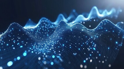 Aufkleber - Abstract blue glowing digital wave data landscape.