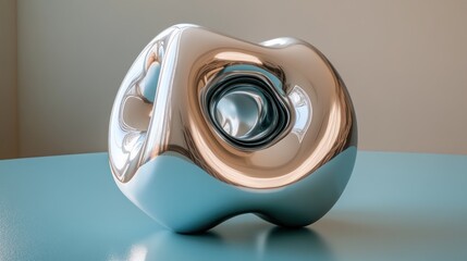 Poster - Abstract chrome sculpture on teal surface, reflecting light.