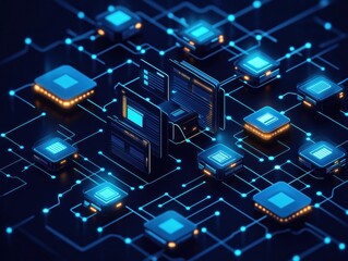 Fototapete - Futuristic tech design shows digital data network. Modern tech components connect via glowing circuits. Abstract representation of data flow, tech integration. Illustration evokes modern tech,