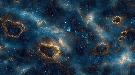 Wall Mural - abstract cosmic nebula texture with swirling blue and gold gases, stars, and dark voids.