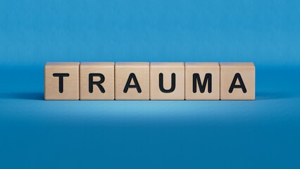Aufkleber - wooden cube block with trauma business word.close up of wooden elements,business concept.3d renderin