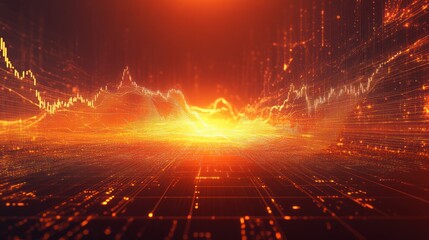 Aufkleber - Abstract fiery orange digital landscape with glowing lines and data graph.