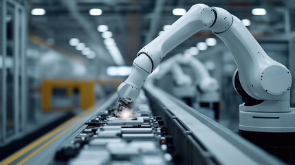 Poster - Robotic arms assemble products on automated assembly line. Modern manufacturing facility advanced tech. Streamlined production processes. Efficient, precise work. High tech, industrial design.