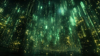 Aufkleber - Abstract green digital rain falling over a dark city.