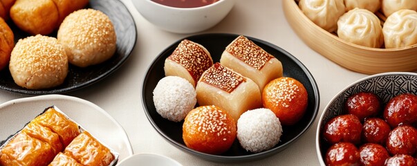 Chinese new year dessert spread featuring sweet rice delicacies home kitchen food photography festive atmosphere top-down view culinary tradition