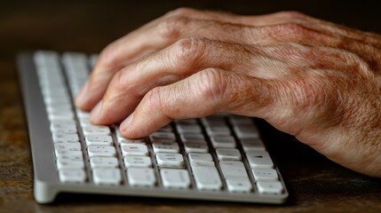 A close-up view of a manâ€™s hand typing on a keyboard, symbolizing efficiency, focus, and the digital aspect of modern work routines.