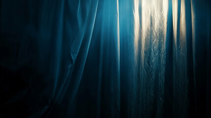 Poster - Soft blue curtains illuminated by gentle light in a serene room setting. 
