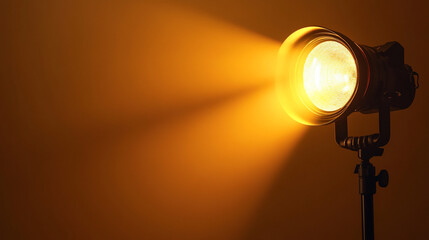 Poster - Bright spotlight illuminates a darkened space with warm golden light. 