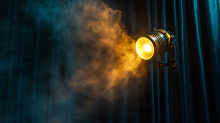 Poster - Bright stage light illuminates smoke against dark velvet curtains. 