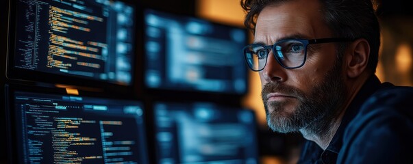 Poster - Focused tech expert analyzes secure network. Monitors real-time threat detection on multiple screens. Expert conducts penetration test. Network security testing in progress. Network systems under