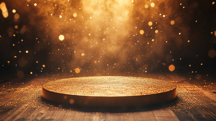 Poster - Golden spotlight illuminating a circular platform with shimmering dust particles. 