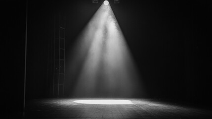 Poster - Spotlight illuminates an empty stage in a dark theater setting. 