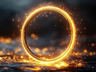 Poster - Golden glowing circle design element on dark background. Sparkling gold ring effect creates luxurious, elegant look. Ideal for various design projects, templates. Modern abstract shape suitable for