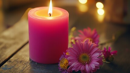 Wall Mural - A pink candle surrounded by colorful flowers, creating a serene and calming atmosphere.