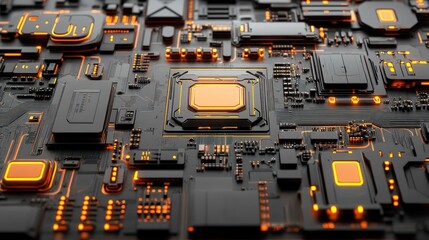 Poster - Close-up of a futuristic circuit board with glowing orange components and a central processor.