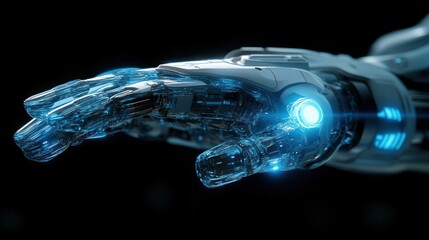 Poster - Close-up of a futuristic robotic arm with intricate details, reaching out with a glowing blue energy source.