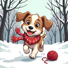 Canvas Print - Joyful puppy playing in snow with a yarn ball and cozy scarf in a winter wonderland, digital illustration of character design concept.