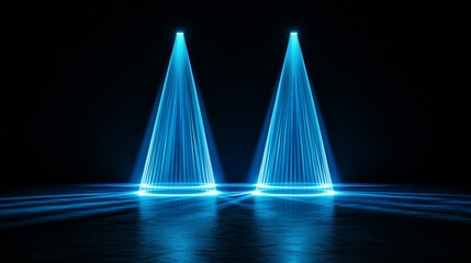 Bright blue laser beams create dynamic patterns on a dark stage floor. 