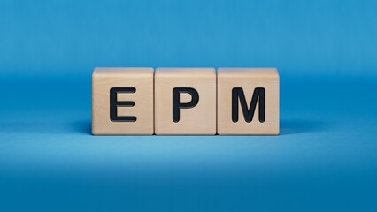Fototapete - epm sign on wooden cubes and magnifier.close up of wooden elements,Business Concept.3D rendering on blue background.