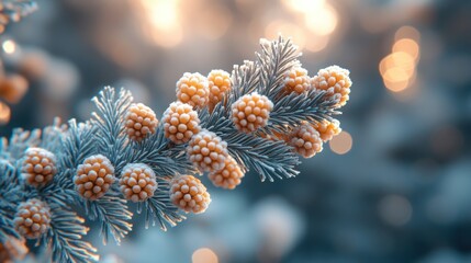 Wall Mural - Frost-covered pine branch with orange cones against a blurred background of soft lights.