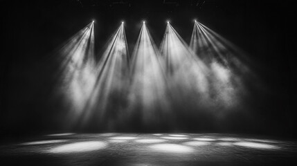 Poster - Dramatic stage lighting illuminates a performance space in black and white. 