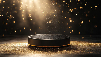 Poster - Lighting up a dark stage with sparkling particles and a circular platform. 