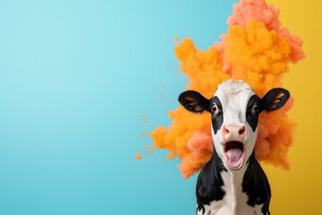 Wall Mural - Surprised and excited cow amidst vibrant orange smoke against a teal and yellow abstract background. Quirky animal humor concept