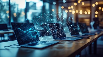 Poster - Modern office setting with laptops. Digital network graphics overlay tech devices. Business tech workplace setting. Abstract, light-filled interior space. Suggests fast paced work tech innovation.