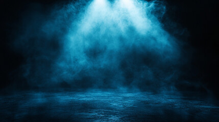 Poster - Mysterious blue fog illuminated by dramatic overhead lighting in a dark setting. 