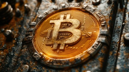 Poster - Close-up of a rusty, weathered bitcoin.