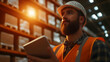 © Pukan - A focused warehouse worker uses a tablet, wearing safety gear, while inspecting inventory in a well-lit storage facility.