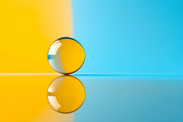 Aufkleber - A colorful glass sphere reflects on a vibrant surface split between yellow and blue, creating a striking visual contrast.