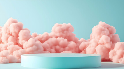 Aufkleber - A minimalist scene featuring a circular platform surrounded by fluffy pink clouds against a soft blue background.