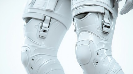 Poster - Close-up of futuristic white robotic legs with knee pads and straps.
