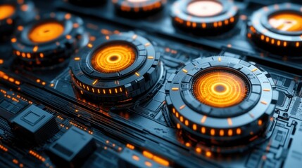 Poster - Close-up of futuristic technological device with glowing orange rings and intricate details.