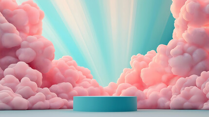 Aufkleber - A dreamy scene featuring a turquoise platform surrounded by soft, pink clouds and radiant beams of light, creating a whimsical atmosphere.