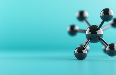 Poster - A close-up view of a black molecular structure on a vibrant turquoise background, symbolizing scientific exploration and chemistry.