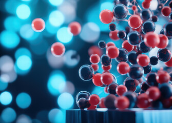 Poster - A vibrant representation of atoms, showcasing red and blue particles against a blurred background, symbolizing scientific concepts in molecular structures.