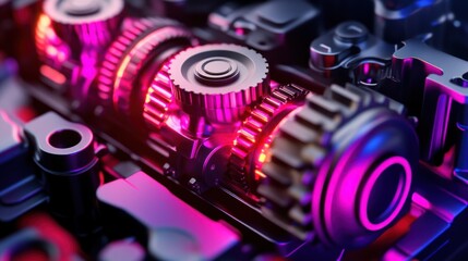 Poster - Close-up of intricate gears illuminated with pink and purple light.