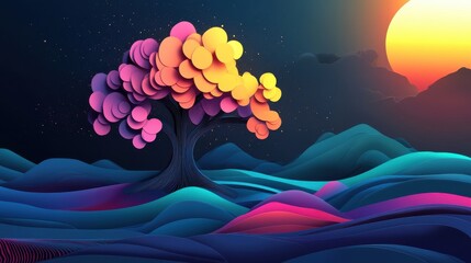 Wall Mural - vibrant artistic tree under sunset in abstract landscape design