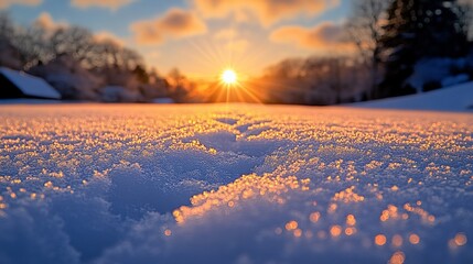 Wall Mural - Sunset over snowy field, close-up snow texture.