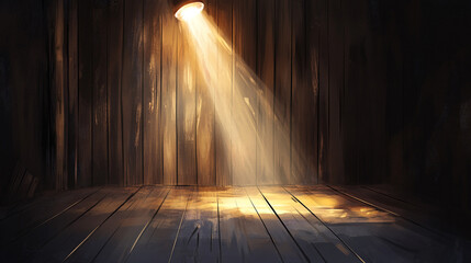 Poster - Warm light beams illuminating an empty wooden room with rustic charm. 