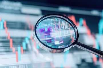 Poster - magnifying glass focuses on computer screen. detailed market data, trends highlighted. investment an