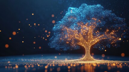 Wall Mural - glowing artificial tree with lights and digital particles in dark